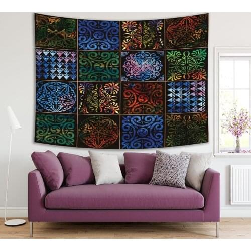 Tapestry Colorful Set of Ornamental Tiles with Vintage Ethnic Patterns Artwork Blue Green Brown Black