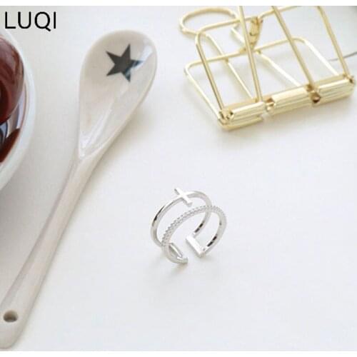 S925 silver micro-inlaid zircon cross double layer personality geometric open ring FG012