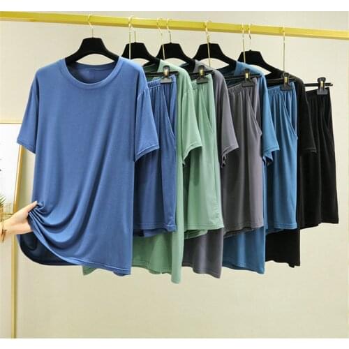 2 Piece Set 4XL 5XL 6XL Plus Size Pajamas For Men Summer Ice Silk Modal Homewear Sets Mens Loose Short Sleeve Sleepwear For Home