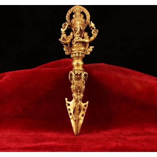 Lonng 14CM High quality Handmade Brass Gilt Elephant God Tibet Buddhist Tantra Puba pestle Jingang chu