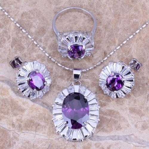 Purple Cubic Zirconia White CZ Silver Plated Jewelry Sets Earrings Pendant Ring Size 6 / 7 / 8 / 9 / 10 S0053
