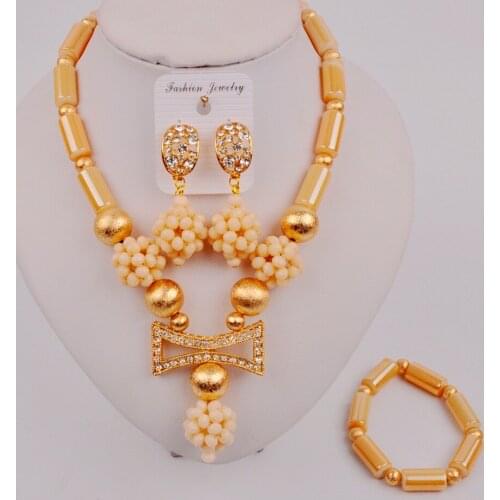 New Design Beige Crystal Bead African Necklace Nigerian Wedding Party Jewelry Set Costume Jewellery SJZQ5-5