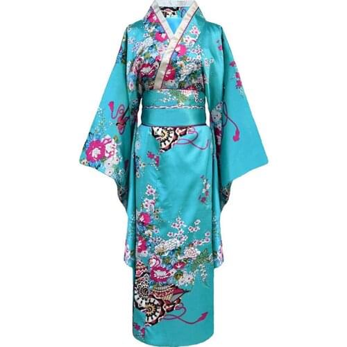 Onesize Female Japanese Kimono Bathrobe Gown V-neck Satin Evening Party Prom Gown Vintage Cosplay Costume Full Sleeve Gown