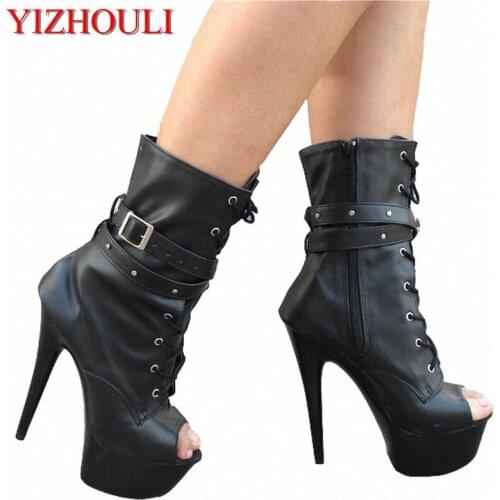 Ultra thin heels boots sexy peep toe womens shoes 15cm fashion magazine boots black Fetish High Heel Shoes 6 inch ankle boots