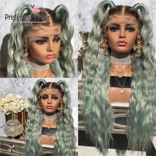 Preferred Green Ombre Human Hair Wig PrePlucked Loose Deep Wave Wig Brazilian Remy13x4 Lace Front Human Hair Wigs with Baby Hair