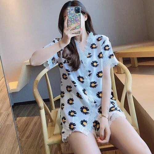 Daisy Print Pajama Sets Wedding Women Pajamas Short Sleeve Sexy Sleepwear Set Female Summer Night Wear Home Suit Nightgown