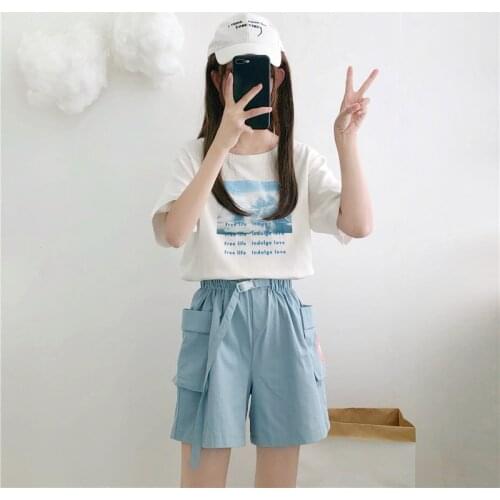 Harajuku Wide-Leg Shorts Womens Kawaii High Waist Loose Shorts Female Summer Soft Sweet Cute Piggy Printing Student Clothing