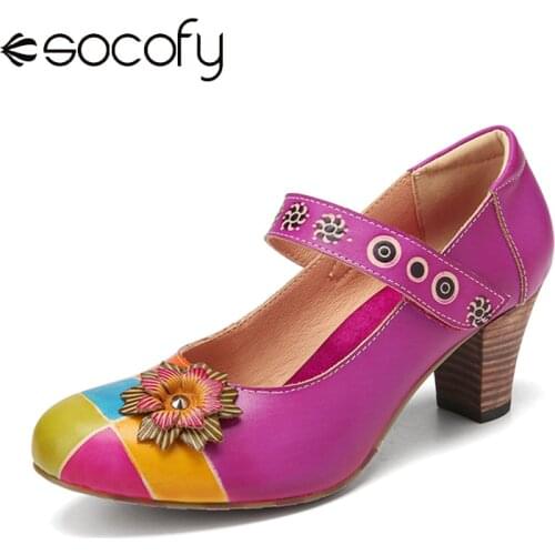 SOCOFY Women Elegant Retro Style Pumps Flowers Decor Stitching Colorblock Cowhide Leather Casual Ankle Strap Chunky Heel Pumps
