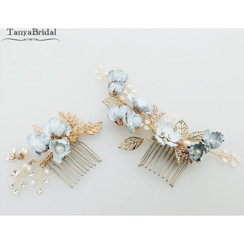 Light Blue Flowers Bridal Headpieces Comb Pearls Crystal Wedding Accessoires 4 pieces Romantic Beauty Hairclip DH019