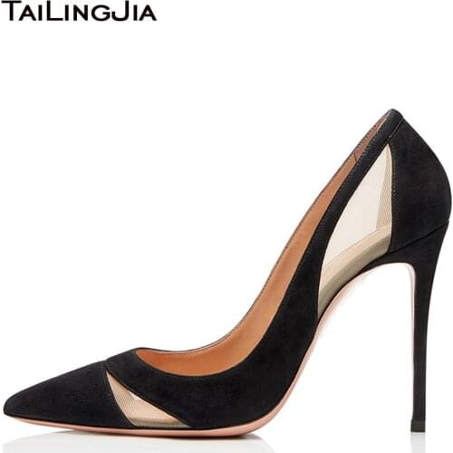 Latest Pointed Toe High Heel Mesh Pumps Womens Heeled Court Shoes Black Stiletto Red Heels Ladies Dress Shoes Large Size 2019