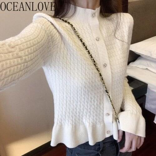 OCEANLOVE Turtleneck Cardigans Solid Single Breasted Flare Sleeve Sweet Women Sweaters Autumn Winter Sueter De Mujer Vintage