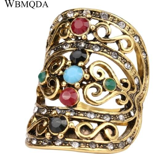 2018 New Bohemian Turkish Jewelry Ethnic Antique Gold Ring Women Hollow Heart Crystal Love Wedding Rings For Women Free Shipping