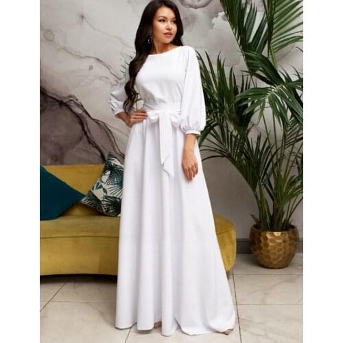 2021 Summer New Womens Dress Polyester Cotton Solid Color Long Sleeve Round Neck Belt Lantern Sleeve Long Dress Women