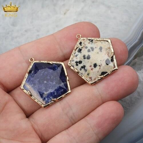 10Pcs/Lot Plated Gold Natural Sodalite Stone Pentagon Bead Pendant Charms For DIY Necklace Jewelry Making Accessories DT-14KBE