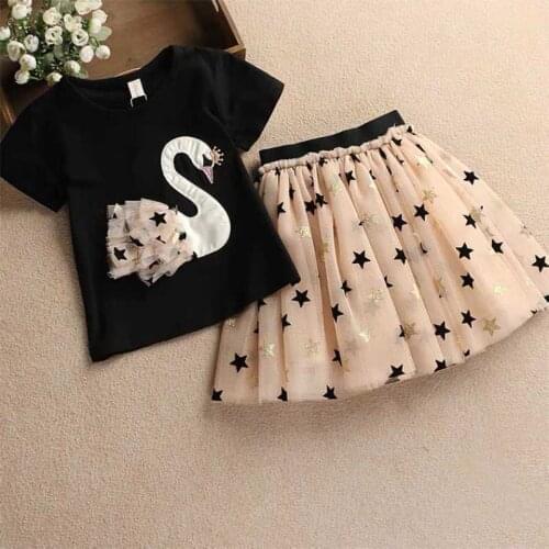 2021 Toddler Girl Clothes Girls' Suit Summer Fashion Embroidered Patch Swan T-shirt & Star Net Gauze Skirt Clothes Wholesale