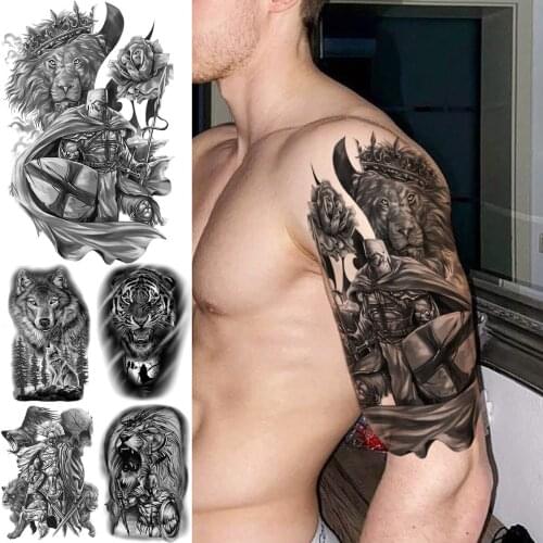 3D Big Knight Lion Arm Temporary Tattoos For Men Adult Tribe Tiger Wolf Realistic Fake Tattoo Body Art Waterproof Tatoos Sticker