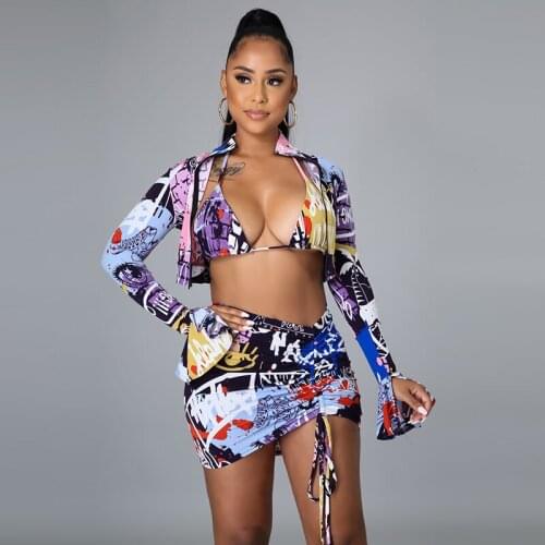 4Pcs Women Beach Outfit Halterneck Bra Strappy Bikini Briefs Long Sleeve Crop Tops Coat Drawstring Skirt Swimsuit Clothes Set