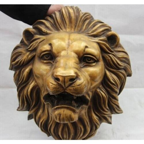 Free Shipping 40cm China Bronze Copper Carved Animal Lucky Ferocious Foo Dog Lion King Head Statue