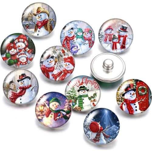 DB0582 Christmas Snowman Christmas gift 18mm snap buttons 10pcs mixed round photo glass cabochon style for snap button jewelry
