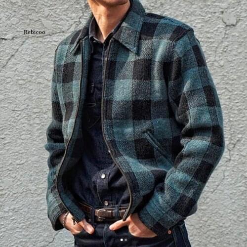 Spring Autumn Mens Button Plaid Jacket Turndown Collar Casual Long Sleeve Top Blouse Casual Plus Size Camisa Masculina