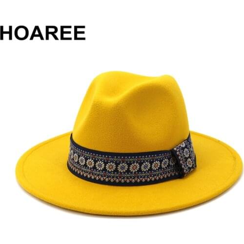 HOAREE Yellow Fedora Hat Wool Women Men Felt Trilby Wide Brim British Style Autumn Winter Woolen Khaki Panama Sombrero Cap