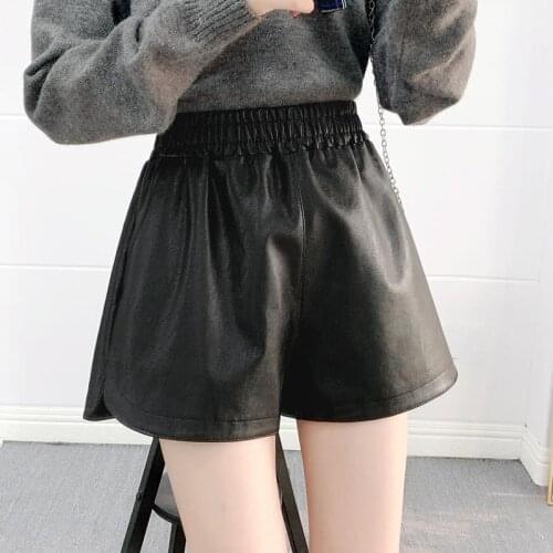 Leather shorts womens spring autumn wear high waist loose PU leather pants wide leg Korean version show thin A-line versatile