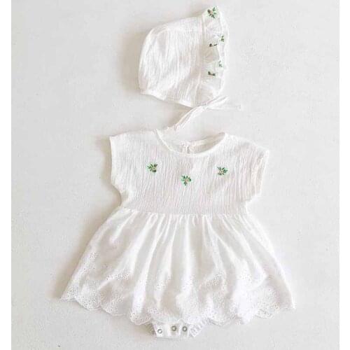 Summer Baby Girls Clothing Flowers Emobroidery Baby Bodysuits Cute Lace Hat Infant Girls One Piece Baby Clothes