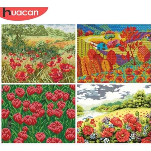 HUACAN Embroidery Flower Sets Kits White Canvas Cross Stitch Flowers Home Decoration 11CT 14CT DIY Gift Needlework