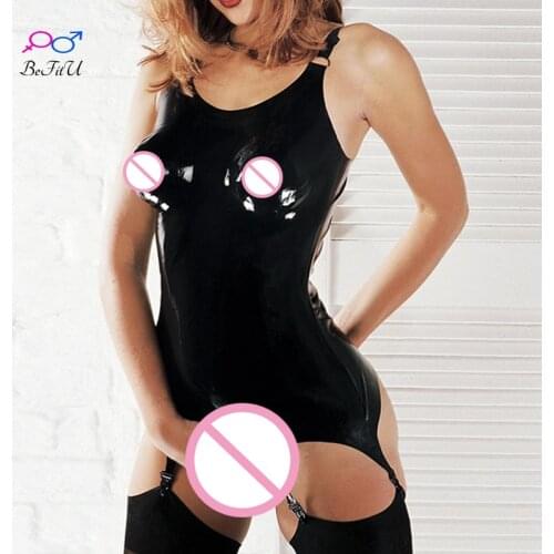 New Latex sexy costumes fetish exotic tight fit w sling including 3D boobs holder garter suspenders clips w stockings briefs