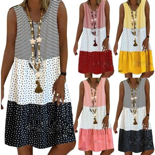 Casual Women Dot Stripe Patchwork Sleeveless V Neck Loose Knee-length Dress Loose Dress 2020 Vestidos Streetwear
