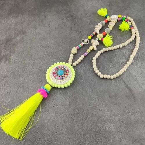 Dropshipping Bohemian Ethnic Vintage Tassel Wood Beads Statement Necklace Stone Boho Long Necklace For Women