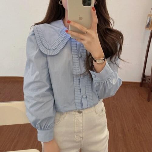 Hzirip Early Spring French Retro Frill Baby Collar Gentle Women Top 2021 Lantern Sleeve Solid Color Soft Versatile Female Shirts