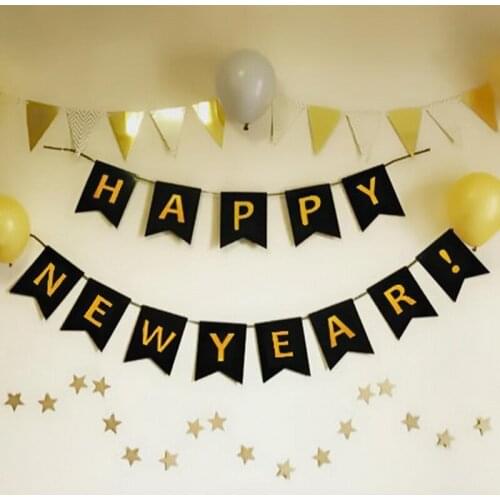 HAPPY NEW YEAR Bronzing Letter Black White Fishtail Banner Merry Christmas Spring Festival Party Decoration Arrangement Flag