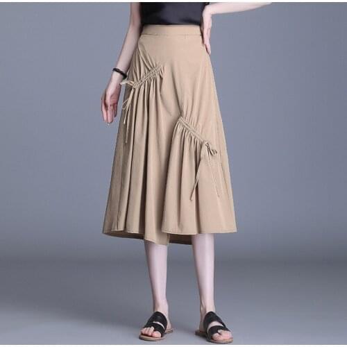 High Waist Drawstring A-line Long Skirts 2021 Spring Summer Women Fashion Elegant Loose Casual Big Swing Skirts 6118