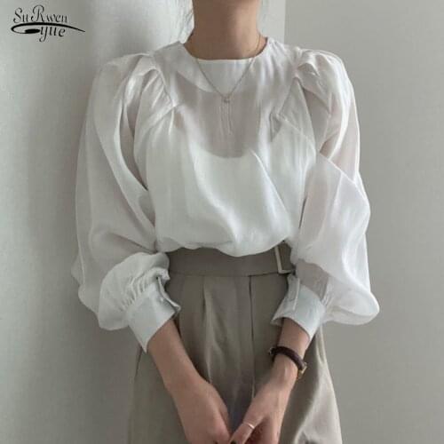 Autumn New 2021 Long Sleeve Loose Shirt Women Women Tops French Simple Round Collar Blouses Clothes Cotton Blouse Blusas 16188
