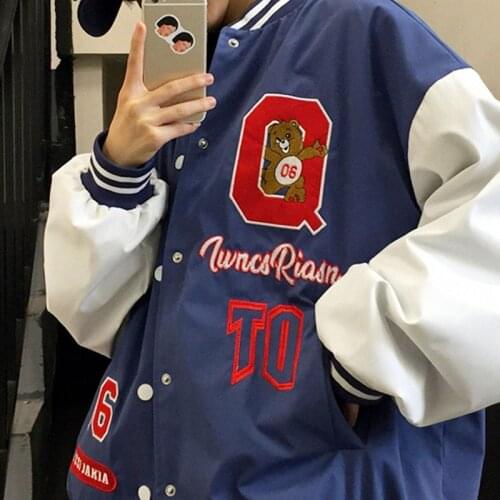Vintage Bear Letters Baseball Jacket Coat Women Oversized 2021 Spring New Harajuku Korean Style Loose Outerwear Students Girls