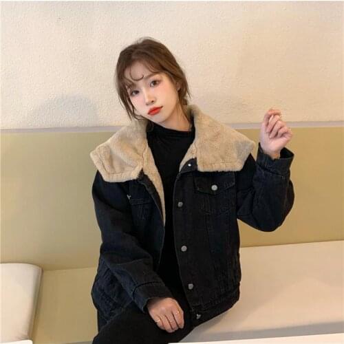 Women Winter Thicken Short Denim Jacket Coat Wool Liner Turn-down Collar Button Up Overcoat Outwear Warm Clothes