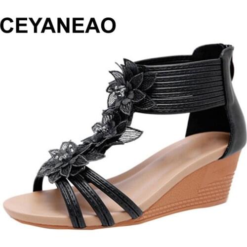 CEYANEAO New Summer Women Sandals Sloping Heels New Roman Style Flowers Shoe Fashion British Wind Wedge Heel princess shoes
