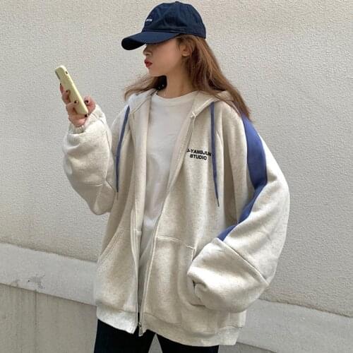 Harajuku Long Sleeve Zip Up Hoodies Women Spring Autumn Korean Fashion Female Clothes Jacket Top Oversized Hooded Sweatshirts