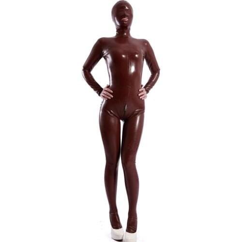 Handmade Women Coffee Latex Girls Catsuit Full Body Rubber Hood Open Mouth with Back Crotch Zip