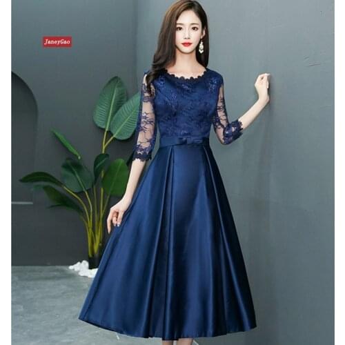JaneyGao Long Porm Dresses Royal Blue Women Formal Gown For Evening Party Satin and Lace Elegant Dresses 2019 New With Sleeves