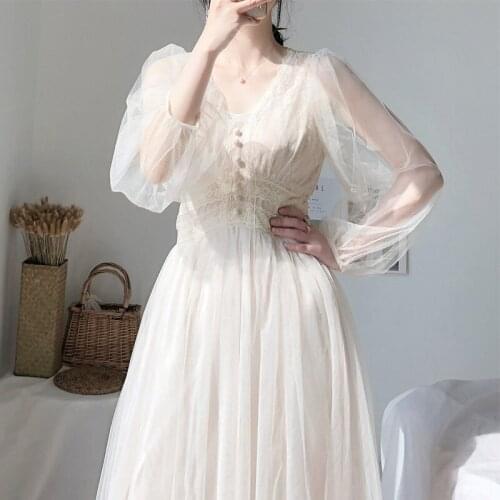 Dress Women 2021 Spring Women Dresses Solid Elegant A-Line Dress Puff Sleeve V-Neck Hollow Mesh Lace Dress Ladies Dress E874
