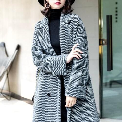 KMETRAM 2020 Autumn Winter Jacket Women Woolen Coat Female Jacket Striped Long Coats and Jackets Women Korean Veste Femme MY2291