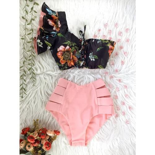 2021 Sexy Print Bikinis Women Swimsuit Shoulder Ruffle Swimwear High Waist Bathing Suit Beachwear Biquini female