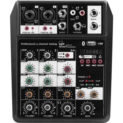 Mini 4 Channel Mixer Audio DJ Console with Sound Card, USB Audio Interface, 48V Phantom Power Mixer for PC Recording Singing