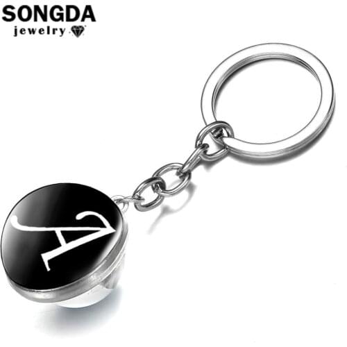 SONGDA Classic Black A-Z 26 English Letters Keychain Simple Initial Name Double Side Art Photo Glass Ball Key Ring Birthday Gift