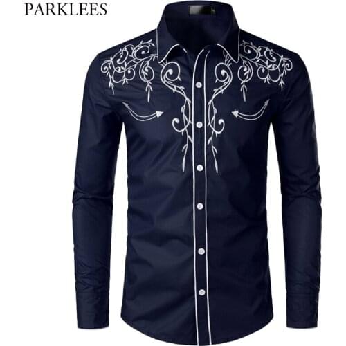 Navy Floral Embroidery Shirt Men Spring New Long Sleeve Mens Dress Shirts Casual Button Down Chemise Homme Camisa Masculina 2XL
