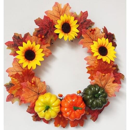 Artificial Sunflowers And Pumpkins Autumn Wreath Maple Leaves Flowers Garland Farmhouse Decoration Home Decor