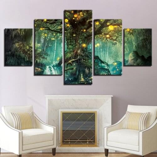 Canvas Pictures Living Room Wall Art Prints 5 Pieces Enchanted Tree Scenery Paintings Magic Forest Posters Home Decor Framework