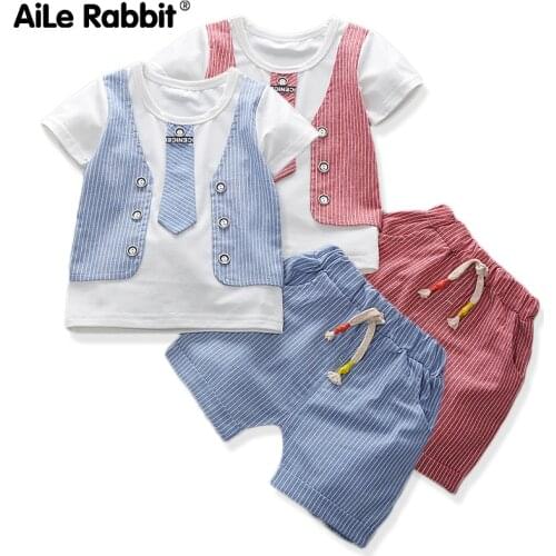 Summer Boy Clothes Set Fashion Short Sleeve T-Shirt Pants 2 Piece Set Gentleman Tie Striped Cotton Set Casual Wear